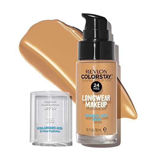 Revlon Liquid Foundation, ColorStay Face Makeup for Normal & Dry Skin, SPF 20, Longwear Medium-Full Coverage with Natural Finish, Oil Free, 395 Deep Honey, 1 Fl Oz