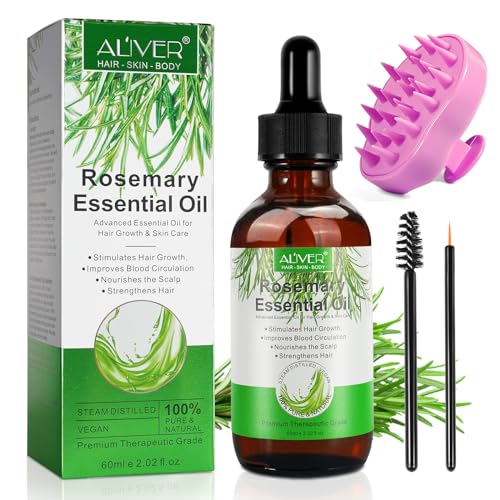 Organic Rosemary Oil for Hair Growth 2.02 Fl Oz with Scalp Massager, Pure Rosemary Essential Oil for Eyelashs, Eyebrows, Face, Skin Care, Body Massage, Nourishes The Scalp, Improve Blood Circulation