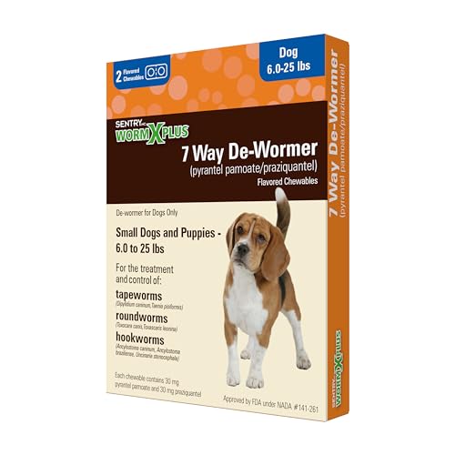 SENTRY HC Worm X Plus 7 Way De-Wormer (pyrantel pamoate/praziquantel), for Puppies and Small Dogs, 6-25 lbs, Chewable, 2 Count