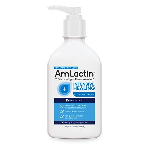 AmLactin Intensive Healing Body Lotion for Dry Skin  14.1 oz Pump Bottle  2-in-1 Exfoliator & Moisturizer with Ceramides & 15% Lactic Acid for Relief from Dry Skin (Packaging May Vary)