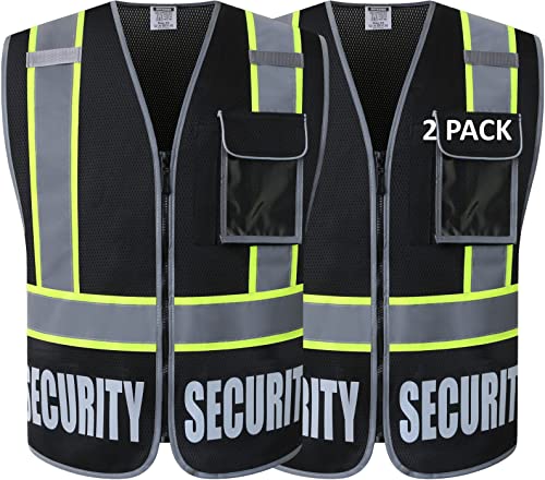 HATAUNKI 2 Pack Retro-Reflection Security Safety Vests Heavy Duty Black Mesh with 5 Pockets and Front Zipper Meet ANSI/ISEA 107-2015 (2/Black-22,L)