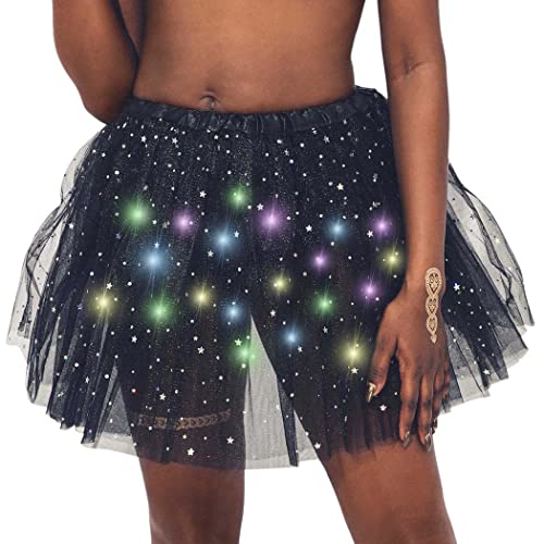 DRESBE Women's LED Skirt Light Up Star Tutus Glow Tulle DanceSkirts Party Rave Festival Halloween Clothes (Black)