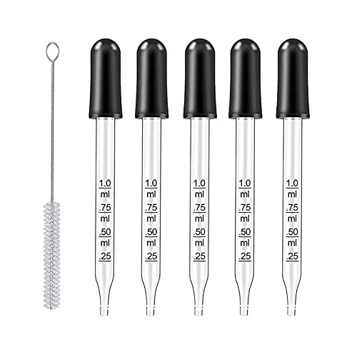 Eye Dropper for Essential Oils, Pipettes Dropper with Black Rubber Head, Calibrated Thick Glass Medicine Dropping Pipettes, 1ml Dropper Measurer, Dropper for Liquids, Straight-Tip, Bent-Tip, 5 Packs