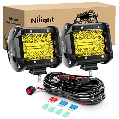 Nilight 2PC 4Inch Yellow Led Pods Triple Row 60W Flood Spot Combo Driving Fog Lights with 16AWG Switch Wiring Harness Kit-2 Leads for Offroad Pickup Trucks ATV UTV SUV, 2 Years Warranty