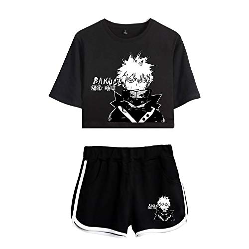 RONGJUN Hero Academia Cosplay Crop Top and Shorts Bakugou Katsuki Short Sleeve Sportswear 2 Piece Outfits for Women Girls (Small, Black 1)