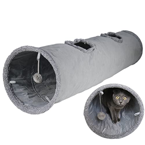 Terunat Cat Tunnel for Indoor Cats, 5112 inch Foldable Big Cat Tunnel, Grey Suede Pet Tunnels with Two Peepholes and a Bubble Ball