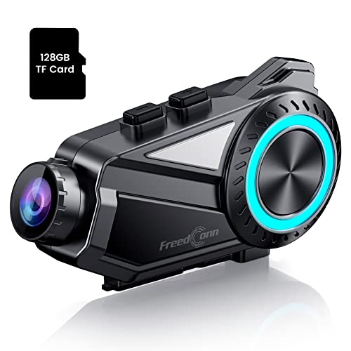 FreedConn Motorcycle Bluetooth Headset with2K Camera [360Shooting][Upgraded Night Vision][Hi-Res Audio], 2-8 Riders 1500M Motorcycle Communication Systems-128G TF Card, 2000mAh/Music Share/IP65