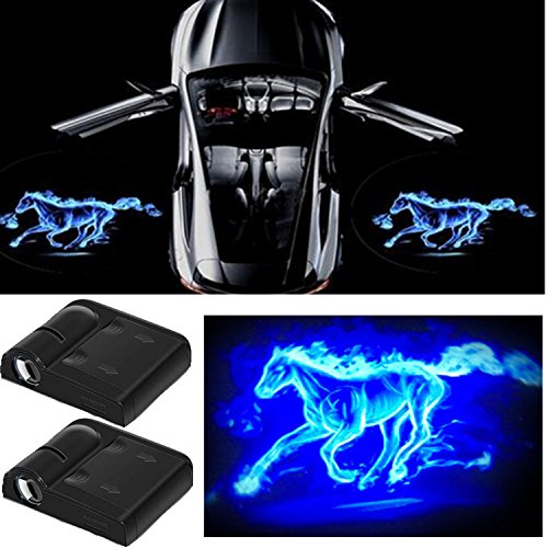 2Pcs 3D Blue Horse Car Door Step LED Welcome Logo Shadow Ghost Light Projector Lamp, No Drill Car Door Courtesy Lights Fits All Car Models