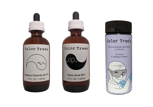 Color Tree's 8oz MMS CDS Kit - Includes 50x 0-3000ppm Chlorine Dioxide Test Strips - 22.4% Sodium Chlorite Solution, and Either 4% Hydrochloric Acid or 50% Citric Acid Solution (50% Citric Acid)