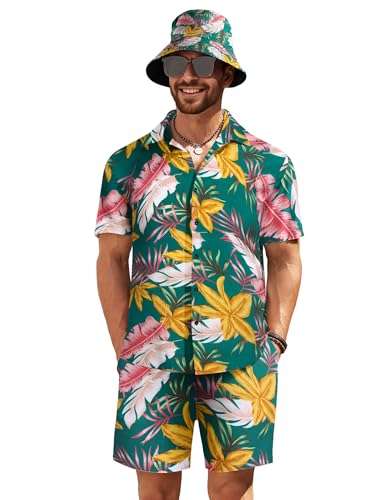 COOFANDY Men's Flower Button Down Hawaiian Sets Casual Short Sleeve Shirt and Shorts Suits