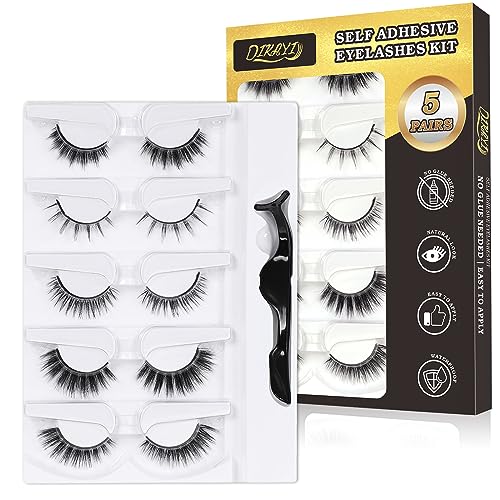 Reusable Self Adhesive Eyelashes Without Glue - 5 Pairs Natural Fluffy False Eyelashes - Soft and Natural Look Lashes with Tweezers - No Glue Needed! Gift for Beginners - Waterproof and Mink Pre-Glued