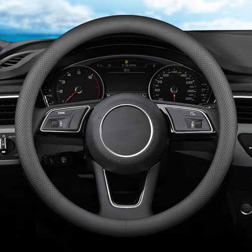 XHRING Car Steering Wheel Cover for Mazda CX5/CX-5 CX50/CX-50 CX3/CX-3 CX30/CX-30 CX9/CX-9 Mazda 3 Mazda 5 Mazda 6 MX-5 Miata CX-7 RX-8 GS GT Sport Touring Accessories, 2024 Black Leather 14 1/2"-15"