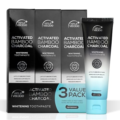 Venus Visage Activated Charcoal Toothpaste for Whitening Teeth - Black Toothpaste, Charcoal Whitening Toothpaste, Best Whitening Toothpaste (3 Pack, Peppermint)