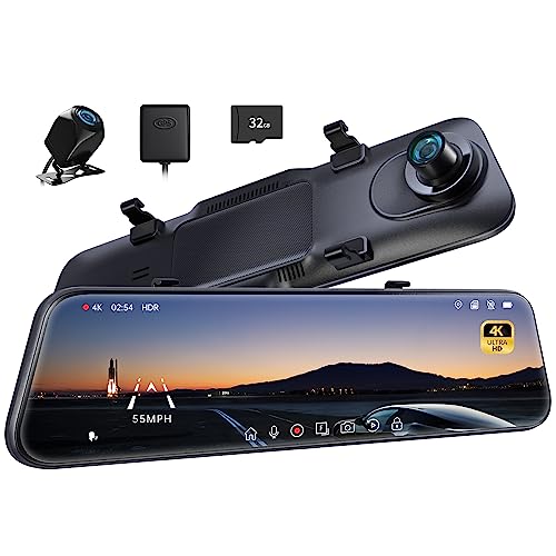 Pelsee P12 Pro 4K Mirror Dash Cam, 12'' Rear View Mirror Camera Smart Driving Assistant w/ADAS and BSD,2160P Front and Rear Camera,Voice Control,Night Vision,Parking Monitoring,Free 32GB Memory Card