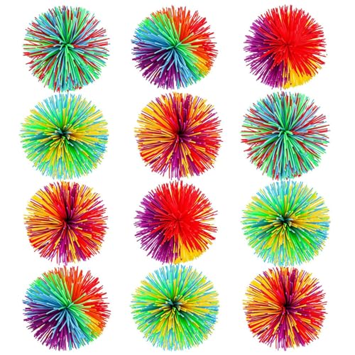 12 Pieces Monkey Stringy Balls Sensory Fidget Stringy Balls Soft Rainbow Pom Bouncy Stress Balls with Storage Bag, Multicolor (2.75 Inch 12 Pieces)