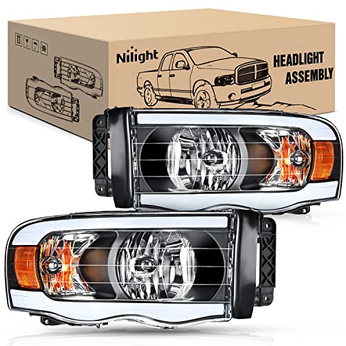 Nilight Headlights Assembly Led DRL for 2002-2005 Dodge Ram 1500/2003 2004 2005 Dodge Ram 2500 3500 Headlamp, Black Housing Amber Reflector