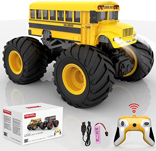 Remote Control Monster Truck - 1:18 Scale RC Fire Truck, 2.4GHz Big Wheel School Bus with Lights, Sounds, Rechargeable Electric Toy Stunt Jam Car for Kids, Boys, Girls (School Bus)