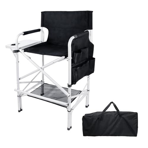 ABACAD Tall Directors Chair Foldable Makeup Artist Chair Wide Body Seat Height 31 inches Supports 400lbs Tall Folding Camping Chairs with Side Table Storage Bag Cup Holder Footrest, Black