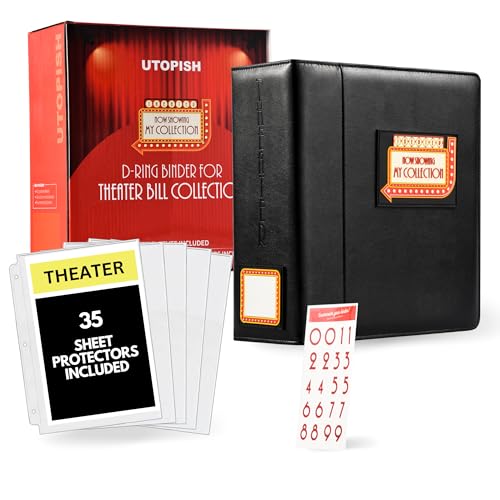 UTOPISH Show-Bill Binder with Sleeves  Large 4 Theater Program Holder with 35 Sheet Protectors and Numbering Stickers Included - Broadway Gift with Full-Color Logo and Numbering Panel