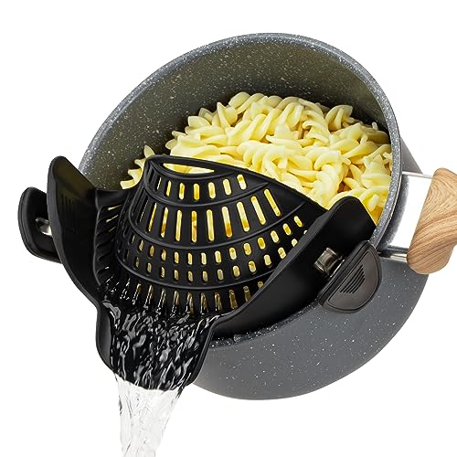 Pasta Strainer for Kitchen, Pot Strainer Clip on Strainer Colander Silicone and Colanders for Spaghetti Noodle Food Pan Black