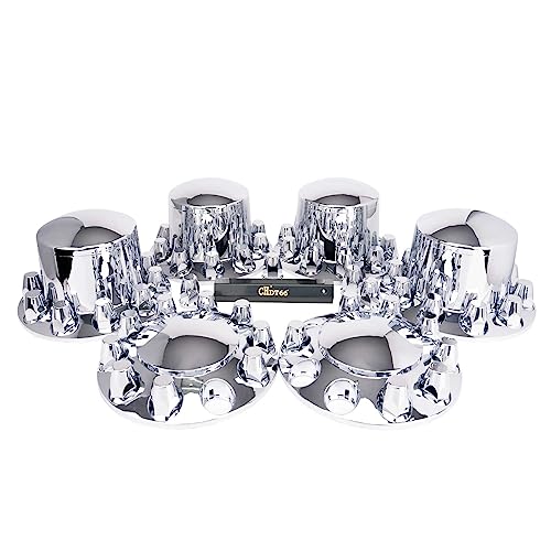 CHDT66 Complete Chrome Wheel Cover Set, 33mm Screw-on Lug Nut Covers for Semi Trucks, 2 Front and 4 Rear Axle Wheel Covers Removable Hub Caps for Semi Trucks, (Installation Tool Included)