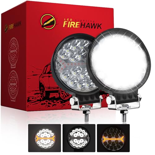Firehawk LED Light Pods Bar 4 Inch 30000LM 60W Round Spot Flood Amber White Driving Offroad Fog Work Backup Bumper for Truck Jeep ATV UTV SUV Tractor Motorcycle 4x4 Cart Trailer Boat Waterproof 2PCS