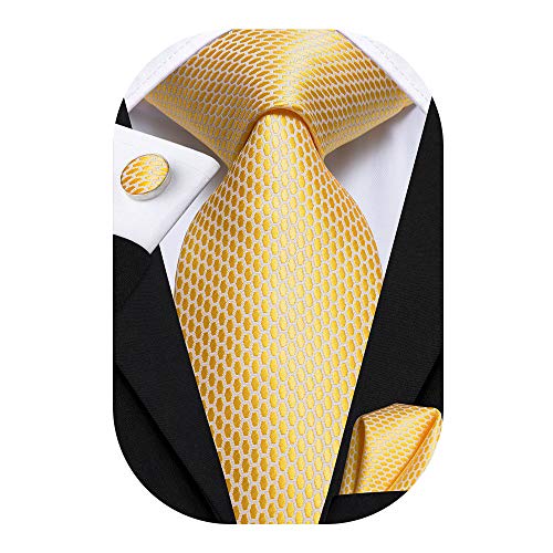 Hi-Tie Yellow Men's Tie Long Necktie and Pocket Square Cufflinks