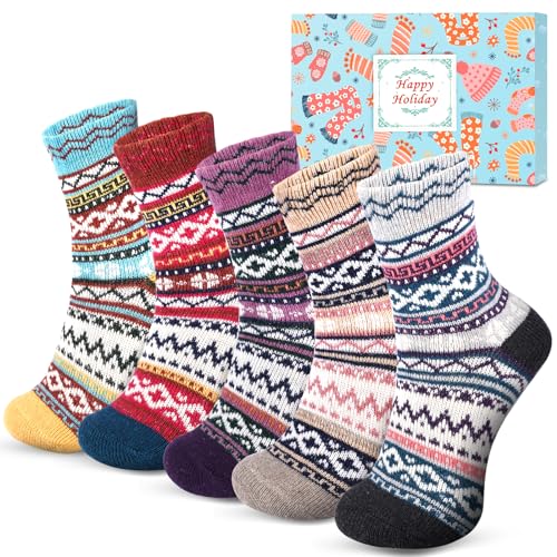 URECOVER Gifts for Women Socks Stocking Stuffers - 5 Pairs Vintage Wool Socks Winter Thick Warm Cozy Boot Socks, Christmas Birthday Gifts for Women Mom Wife Teenage Girl Girlfriend Grandma