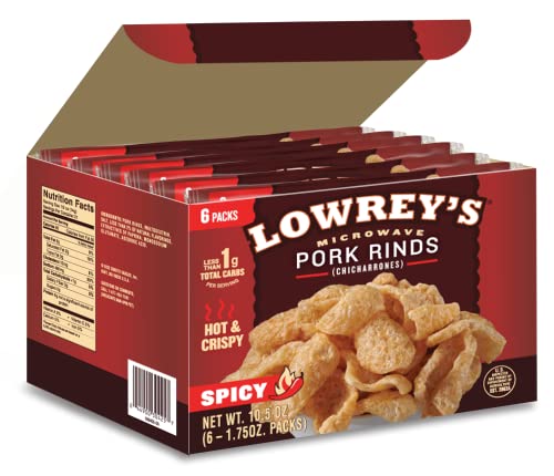 Lowrey's Bacon Curls Microwave Pork Rinds (Chicharrones), Hot and Spicy, 1.75 Ounce (Pack of 6) (Packaging May Vary)