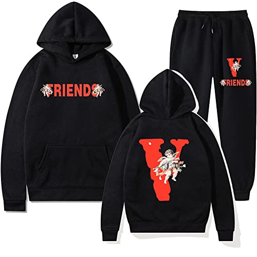 Nhicdns Big V Hoodie Set V Letter Fashion Graffiti Long Sleeved Hip Hop 2 Piece outfits Thickened Hooded Sweatshirt for Men and Women Black 2XL