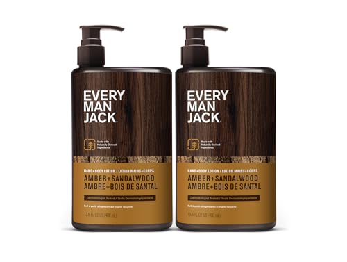 Every Man Jack Mens Amber + Sandalwood Hand & Body Lotion for All Skin Types - Dermatologist Tested & Hypoallergenic - Nourish Skin with Lightweight Fast Absorbing Lotion - 13.5oz 2 Bottles