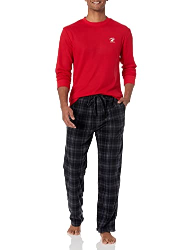 Beverly Hills Polo Club mens Beverly Hills Polo Polar Fleece W/Thermal Top Pajama Set, Red Top With Blk/Char Pants, Large US