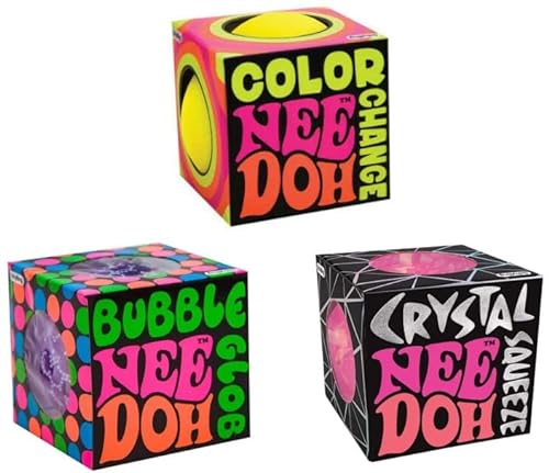 Nee Doh Stress Balls, Squishy, Squeezy, Stretchy. The Complete Bundle, One of Each! Color Change, Bubble Glob & Crystal Squeeze in Vibrant Colors! E-Book Included