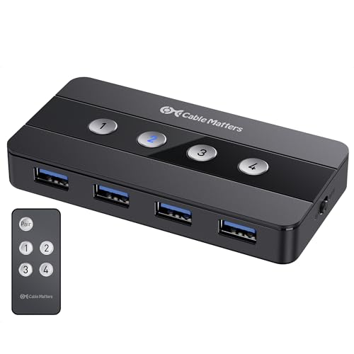 Cable Matters 4 Port USB 3.0 Switch Hub USB Sharing Switch for 4 Computers and USB Peripherals - Button or Wireless Remote Control Switching - Includes a USB-C Adapter for USB-C USB4 and Thunderbolt 4