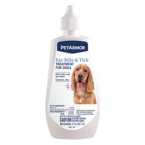 PetArmor Ear Mite Treatment for Dogs, Ear Mite Medicine Kills Ticks and Ear Mites to Relieve Itchiness, Sooths Ears with Aloe, 3oz