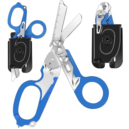 Leepenk 6 in 1 Multi-function Foldable Trauma Shears with Compatible Holster, Emergency Response Scissors Outdoor Camping Rescue Tools With Strap Cutter and Glass BreakerBlue)