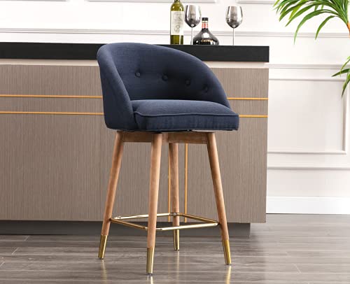 Shunzhi Swivel Bar Stool Modern Counter Height Tufted Stool 360 Degree Bar Stool with Wing-Back and Wooden Legs 26 Inches Linen Dining Stool for Kitchen Island/Bar/Dining Room, Navy Blue