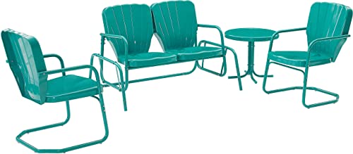 Crosley Furniture KO10022TU Ridgeland Retro Outdoor Metal 4-Piece Conversation Set (Loveseat Glider, Side Table, 2 Armchairs), Turquoise Gloss