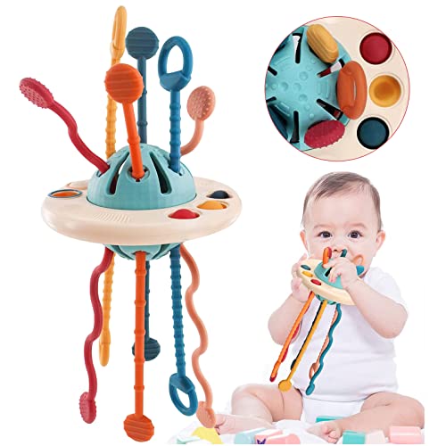 Baby Sensory Toys, Montessori Pull String Airplane Travel Toys for Toddlers 1-3, Montessori Toys for Babies 6-12 Months UFO Silicone Pull String Activity Toy Dawnier Pull Toy Baby Gifts for 1 Year Old