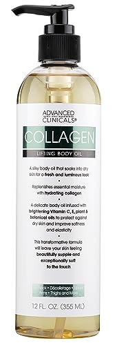 Advanced Clinicals Collagen Body Oil Skin Care Moisturizer W/Vitamin E & Vitamin C - Tightening, Firming, & Hydrating Massage Collagen Oil For Wrinkles, Crepey Skin, & Stretch Marks, 12 Fl Oz