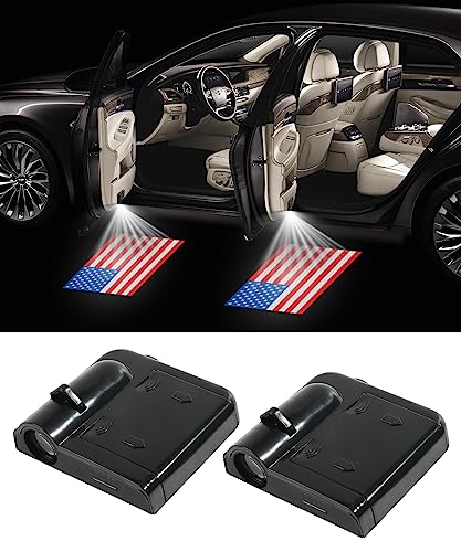 ESEWALAS 2Pcs American Flag Car Door Lights Logo Projector,Car Door LED Logo Projector Light,Car Door Welcome Logo Projector Lights,Universal Holeless Magnet Sensor Ghost Shadow Welcome Lamp