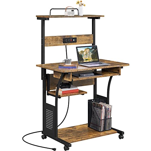 Yaheetech 3 Tiers Rolling Computer Desk on Wheels with Charging Station and Keyboard Tray, Mobile Home Office Desk PC Laptop Workstation with Power Outlet and USB Ports for Home Studying, Rustic Brown