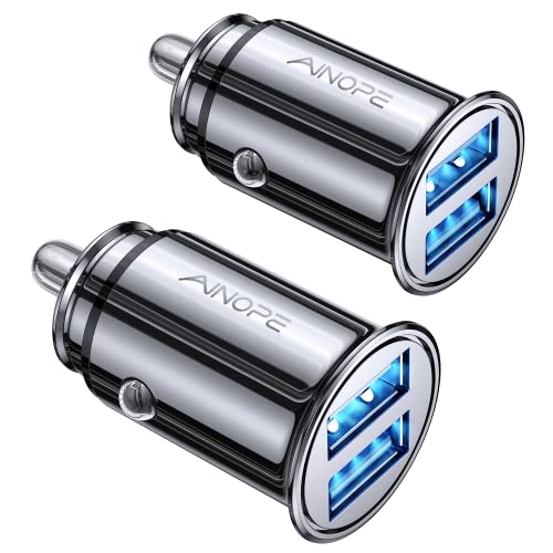 AINOPE 2 Pack Fast Mini Car Charger, 4.8A Metal Car Charger Adapter Flush Fit, Dual Port USB Car Charger Compatible with iPhone 14 13 12 Pro Max 8 Plus 7 6s, Samsung Galaxy S23/10/9/8/7, iPad Kindle