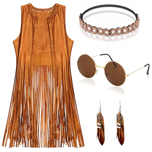 EVISWIY Hippie Costumes Clothes for Women 60s 70s Outfits Women Hippie Vest with Fringe Sleeveless Cardigan Faux Seude Tassels Vest Set(XX-Large) Beige