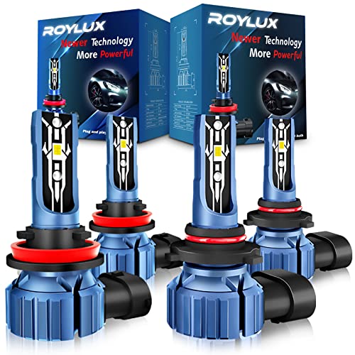 ROYLUX H11/H9/H8 Low Beam 9005/HB3 High Beam LED Fog Light Bulbs Combo, 350% Brightness 6000K Cool White Mini Size, Pack of 4