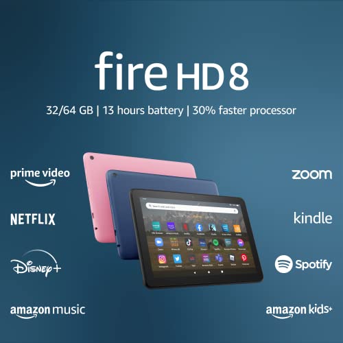 Amazon Fire HD 8 tablet, 8 HD Display, 32 GB, 30% faster processor, designed for portable entertainment, (2022 release), Denim