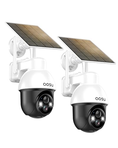 AOSU Solar Camera Security Outdoor - Security Cameras Wireless Outdoor with 360 Panoramic View, Human Auto Tracking, 2K Night Vision, Compatible with Alexa/Google Assistant (2 Pack)