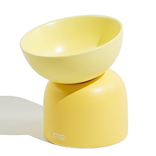 MS!MAKE SURE Elevated Cat Bowl, Ceramic Tilted Cat Food Bowl, Anti Vomit & Whisker Fatigue Cat Bowls for Food and Water (Yellow)
