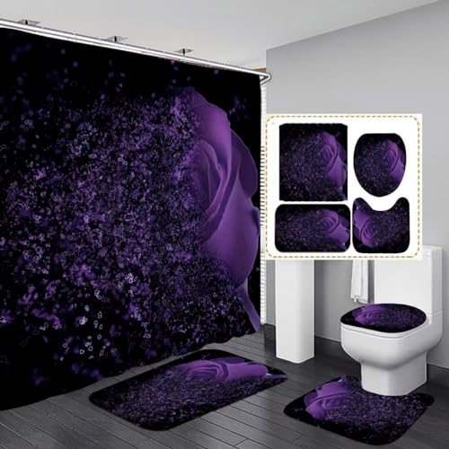 Yddsky Purple Rose 4 Pcs Shower Curtain Sets Non-Slip Rugs Bath Mat Toilet Cover U Shaped Mat Black Purple Shower Curtain with 12 Hooks Red Rose Valen