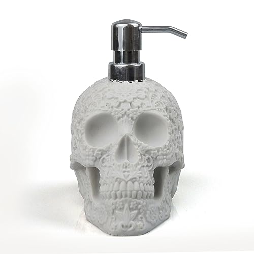 Indecor Home Halloween Soap Dispenser for Kitchen Countertop, Bathroom Sink, 100% Resin, for Hand Soap, Dish Soap, Lotion Hand Sanitizer (White Matte Floral Skull)